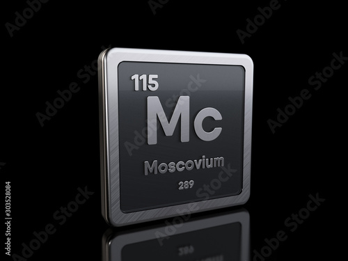 Moscovium Mc, element symbol from periodic table series. 3D rendering isolated on black background