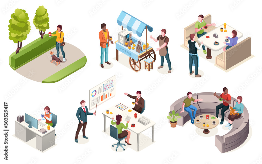 People drinking coffee, vector isometric icons set. Coffee bar or cafe and restaurant, takeaway street vendor, woman walking and workers in office drinking morning coffee from paper cups People drinking coffee, vector isometric icons set. Coffee bar or cafe and restaurant, takeaway street vendor, woman walking and workers in office drinking morning coffee from paper cups