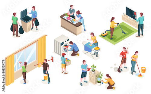 Home cleaning, vector isolated icons of man and woman couple clean house together. Laundry and dish washing at kitchen, watering flowers and cleaning windows, mopping floor and ironing
