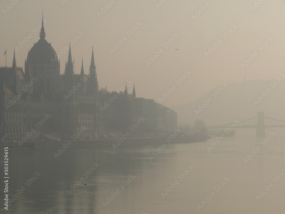 Silhouette of the neo-Gothic palace in the parliament of budapest on the danube river shrouded in fog.