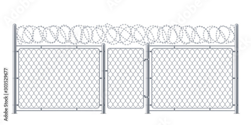 Wire fence or chain link protection with gate or wicket. Chainlink construction for police or prison, military. Chained boundary or enclosure, cage entrance. Steel linkage or barrier, protection theme