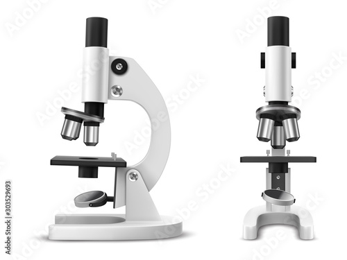 Realistic microscope side and front view. 3d lab or laboratory tool for magnifying. Magnification item for biology and chemical, medical research. White and black instrument for focusing. Macro lens