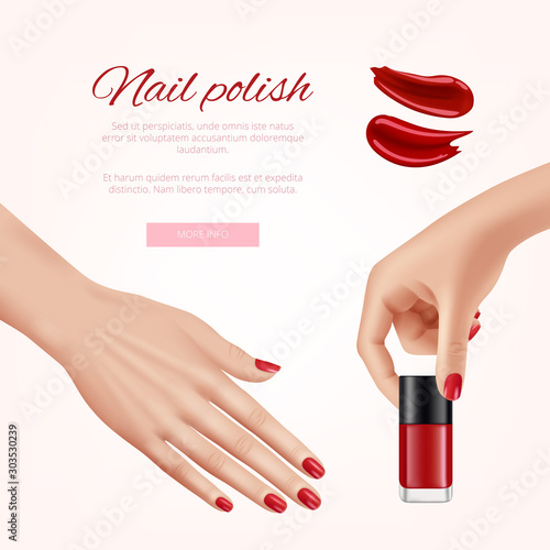 Polish nails ads. Woman beauty cosmetics fashion polish nail different colors female hands vector realistic advertising template. Beauty female finger nail, product for manicure illustration