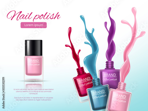Nail polish realistic. Ads placard with colored splashes of nail polish glass paints bottles for woman makeup fashion vector concept. Manicure polish nail, illustration cosmetic to female