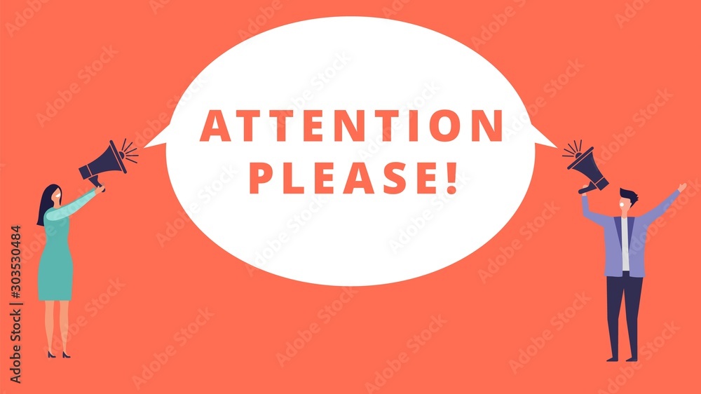 Attention please. Tiny people hold megaphones and banner with important message. Attention vector concept. Illustration attention announcement, important message - obrazy, fototapety, plakaty 