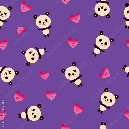 Fototapeta Naklejka Na Ścianę i Meble -  cute panda bears and hearts seamless pattern