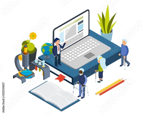 Accesible education. Online courses for elderly. Isometric old people, online education vector concept. Illustration old senior education, elderly person use computer
