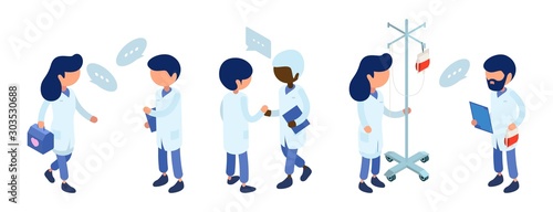 Doctors staff. Medical team communication. Isometric doctor characters vector illustration. Hospital staff isometric, doctors people and practitioner