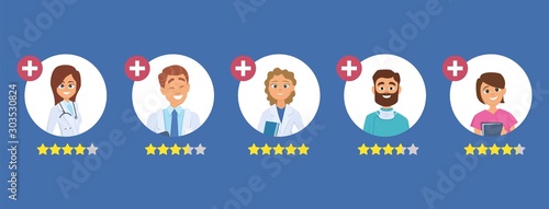 Doctors rating. Five star rating concept. Search good doctor. Medical staff reviews vector illustration. Healthcare doctor rating, physician review