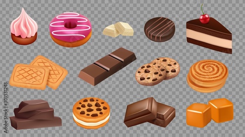 Sweets collection. Realistic cookies, chocolate, cake, soft caramel vector set. Illustration cake food, dessert pastry bakery, cookie and candy