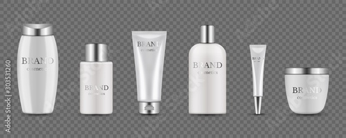 Cosmetic bottles. Realistic silver white packaging for serum, cream, shampoo, balm. Vector cosmetic mockup isolated on transparent background. Illustration beauty lotion, container bottle cosmetic