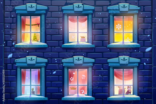 Night windows of house or castle with Christmas and New Year decoration, brick wall facade casements with paper snowflakes, glow garlands and fir tree Cat sit on windowsill Cartoon vector illustration