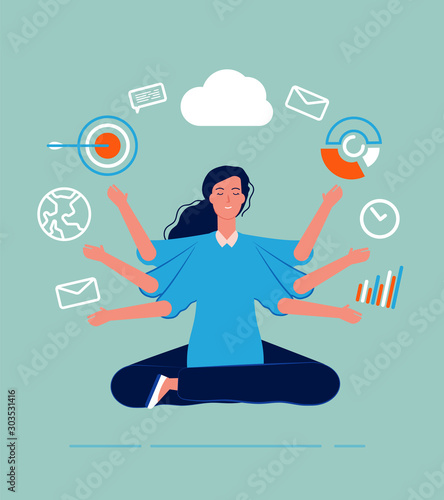 Multitasking female. Business woman leader manager yoga sitting with many goals and deals perfect skill work processes vector concept. Business leader multitasking, work female illustration