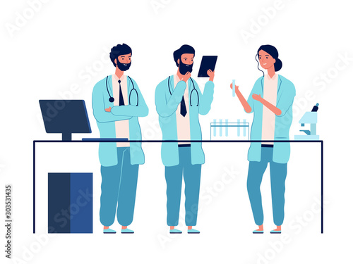 Doctors lab. Scientists characters standing near laboratory table make analysis medical or chemical education vector flat pictures. Doctor scientist in laboratory occupation illustration