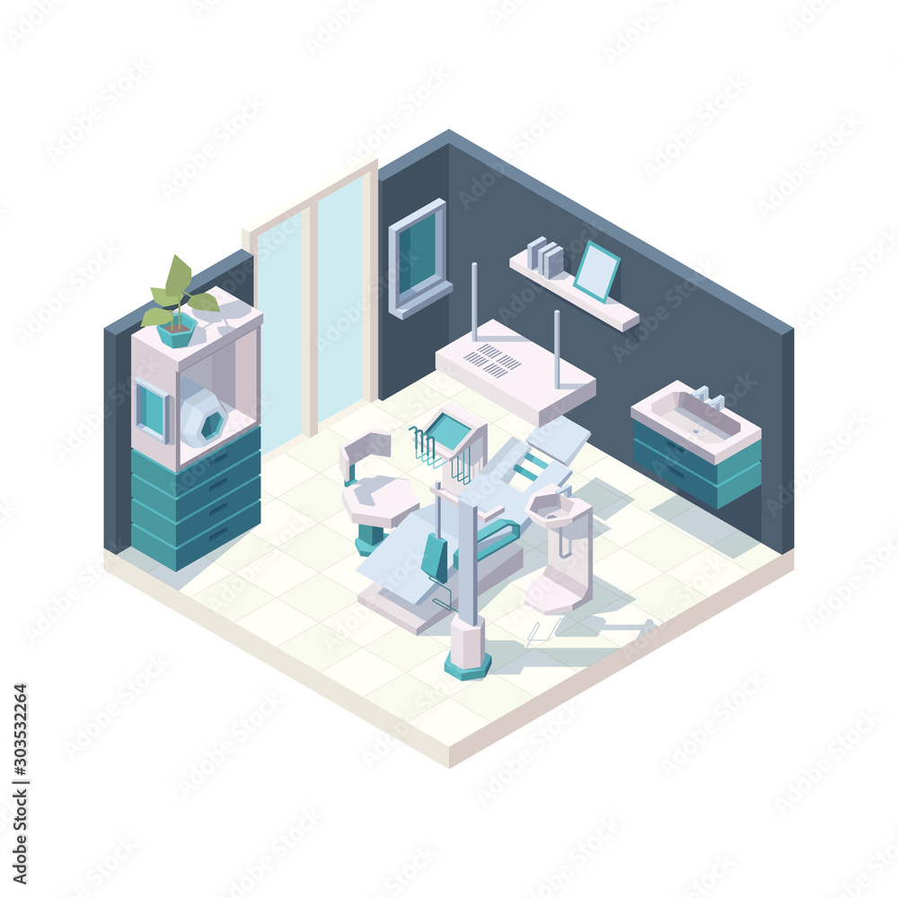 Dental cabinet. Clinic interior stomatology room with professional furniture dentists medical chair vector 3d isometric. Illustration dental interior isometric, dentist healthcare