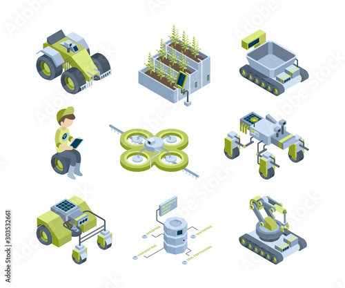 Smart agriculture. Future industrial farm machines innovative harvester tractors organic greenhouse robots work lighting panels vector isometric. Illustration robot transportation combine harvester
