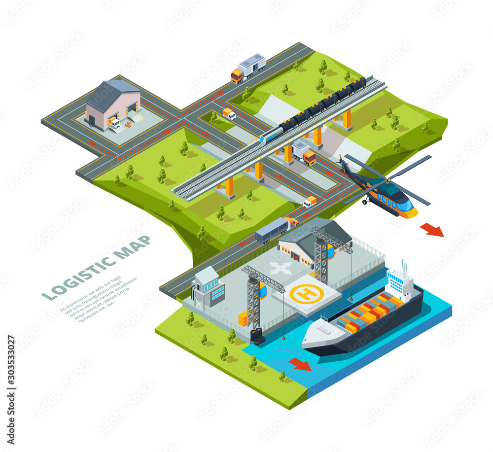 Logistic concept. Road map points ocean shipping railways and auto cargo transportation vector logistic background isometric. Cargo delivery, truck and logistic maritime illustration Logistic concept. Road map points ocean shipping railways and auto cargo transportation vector logistic background isometric. Cargo delivery, truck and logistic maritime illustration