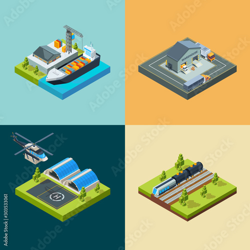 Logistic concept. Cargo transport shipping flying way railway trains and cars business carriage vector isometric vehicle. Illustration logistic maritime, shipping cargo, delivery railway transport