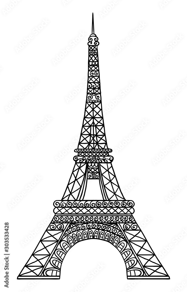 Hand drawn Eiffel Tower line art illustration. Paris symbol on white background