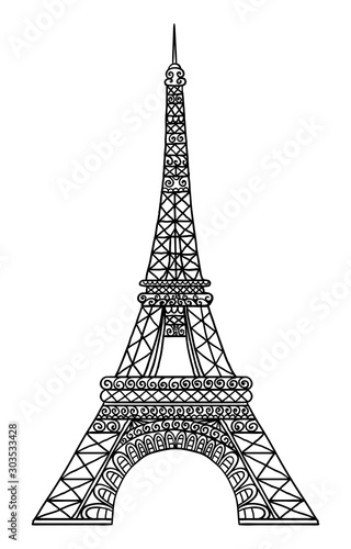 Hand drawn Eiffel Tower line art illustration. Paris symbol on white background