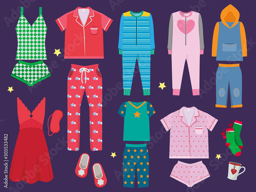 Pajamas set. Sleeping clothes collection for children and adults sleepwear textile vector colored cartoon illustration. Fashion clothes for bedtime, textile apparel sleepwear photo