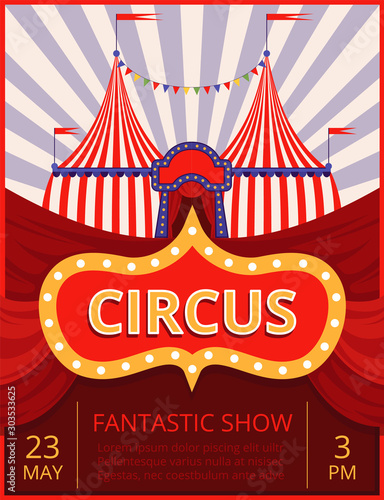 Circus invitation. Festival or party event poster template with stripe tent pictures and place for text vector circus theme. Illustration festival circus, vintage entertainment poster