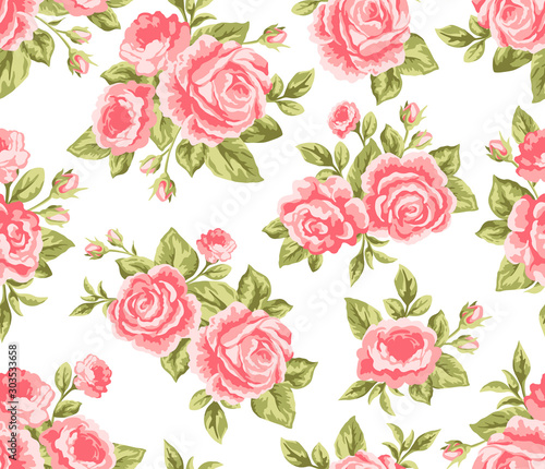 Seamless floral pattern with pink roses and peonies flowers