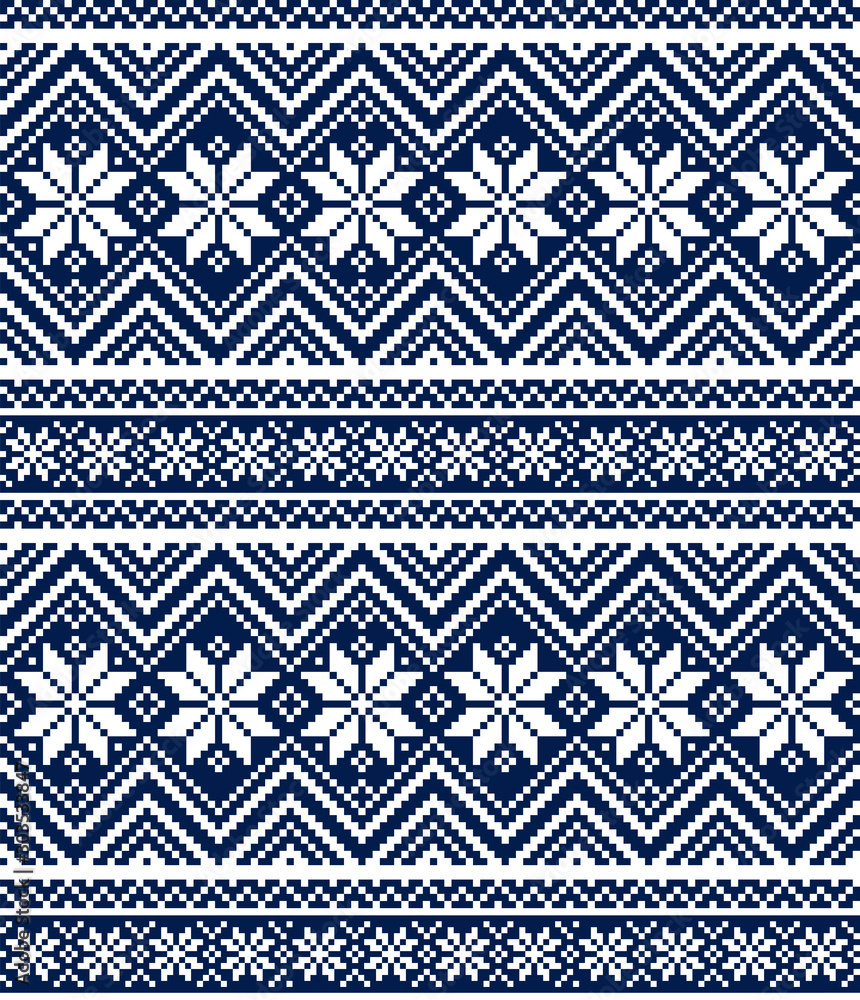 Scandinavian knitted seamless Christmas pattern with zigzag and snowflakes. Traditional geometric winter background Scandinavian knitted seamless Christmas pattern with zigzag and snowflakes. Traditional geometric winter background