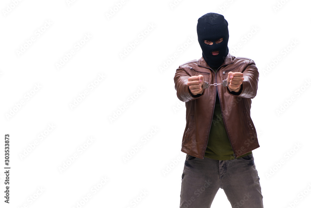 Robber wearing balaclava isolated on white background Robber wearing balaclava isolated on white background