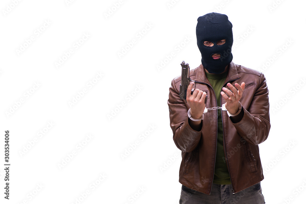 Robber wearing balaclava isolated on white background Robber wearing balaclava isolated on white background