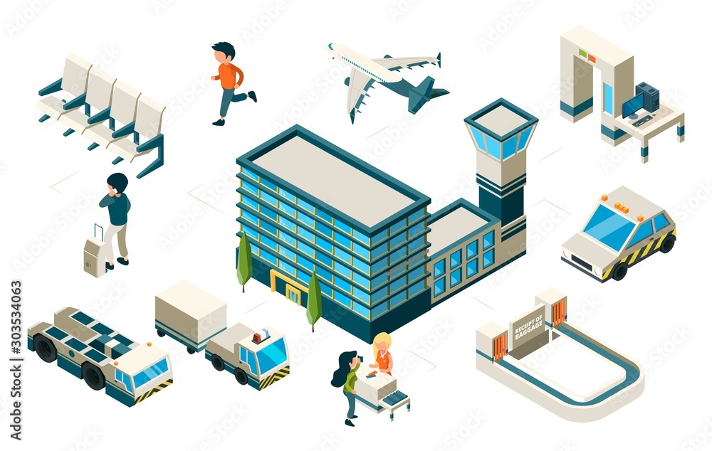 Airport concept. Isometric plane airport building passengers venicles. Vector transport 3d elements. Illustration plane and isometric airport, passenger and terminal