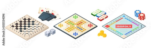 Board games isometric. Various tools for board games. Dices, pawns cards coins money. Vector board games elements. Illustration board game strategy, leisure and challenge