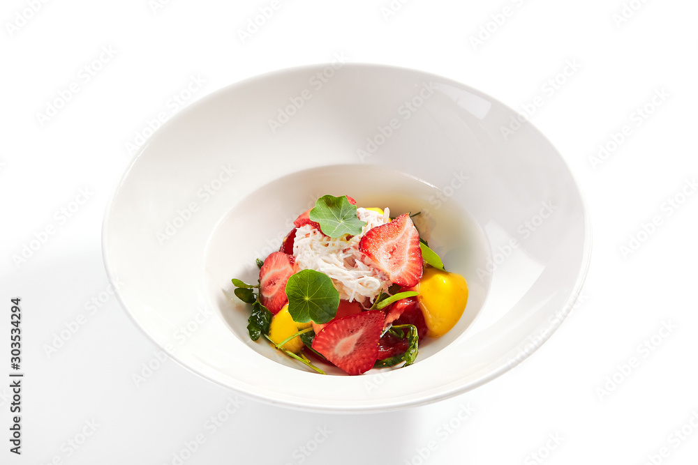 Ripe Tomato Salad with Strawberries, Crab Meat and Strachatella Cheese Ripe Tomato Salad with Strawberries, Crab Meat and Strachatella Cheese