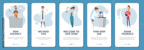 Job search mobile app pages. Different professionals banners. Vector doctor builder architect chemist characters. Hiring, vacancy concept. Illustration app mobile, page layout, search job