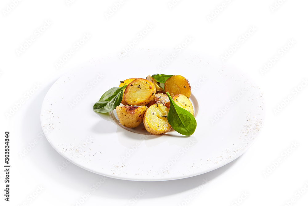 Baked potatoes with herbs dish closeup Baked potatoes with herbs dish closeup
