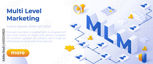 MLM. Multi Level Marketing Business Concept with Big Letters MLM And Digital Devices. Isometric Modern Flat Style.