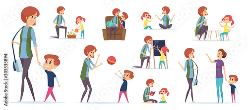 Nanny for kids. Modern babysitter teaching preschool childrens and playing games vector characters isolated. Nanny or babysitter play game with child illustration photo
