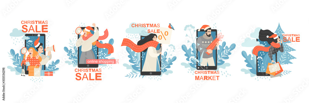 Φωτογραφία Set of vector conceptual illustrations with people advertising Christmas markets and sales on the background of huge smartphones