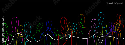 connect the people concept, crowd of vivid colored people connected with one white line, communication creative contemporary idea,