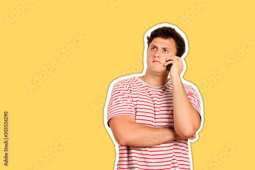 very serious guy talking on the phone. emotional guy isolated Magazine collage style with trendy color