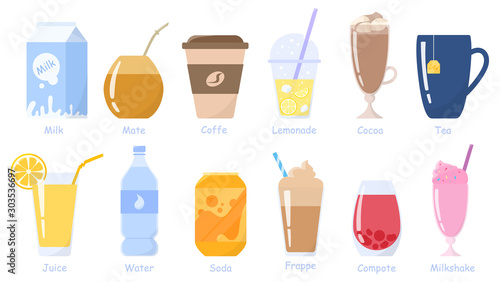 Beverages, drinks set. Milk, soda, juice, coffe, tea and etc. Non-alcoholic