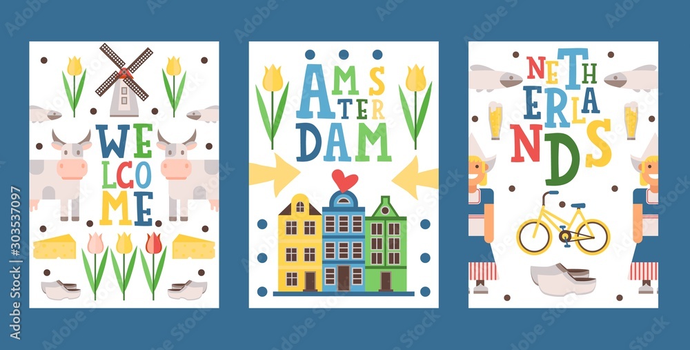 Netherlands travel banner, vector illustration. Tour booklet cover, postcard design, souvenir card with icons of main Dutch tourist attractions Netherlands travel banner, vector illustration. Tour booklet cover, postcard design, souvenir card with icons of main Dutch tourist attractions