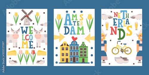 Netherlands travel banner  vector illustration. Tour booklet cover  postcard design  souvenir card with icons of main Dutch tourist attractions