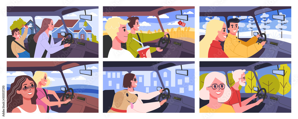 Vector illustration set of people inside their cars. Male and female characters