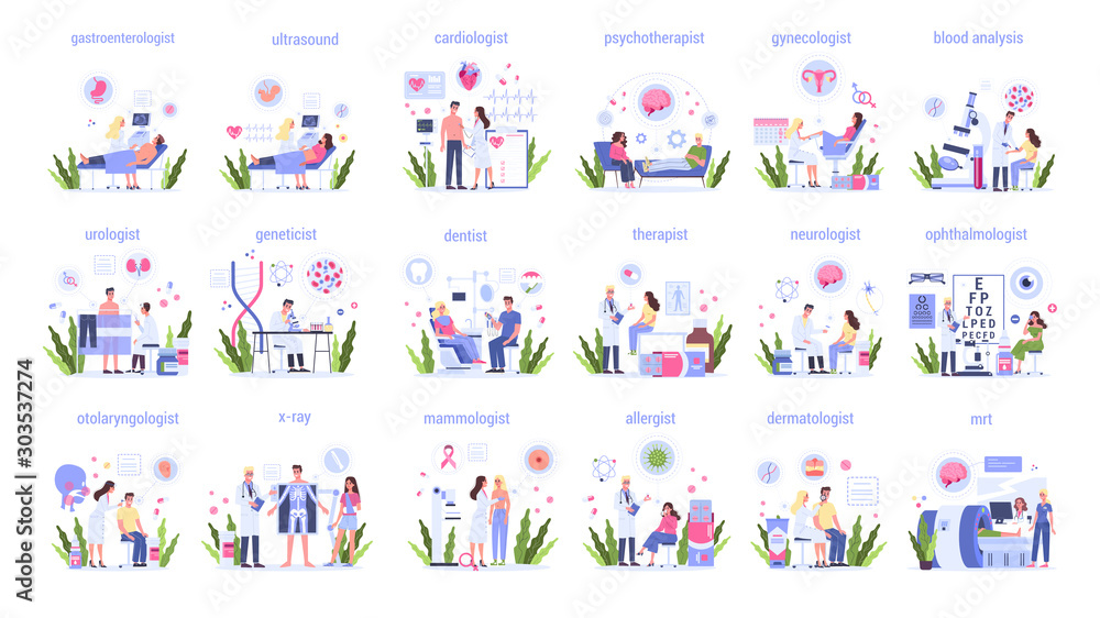 Big set of vector illustration of doctors of different directions.