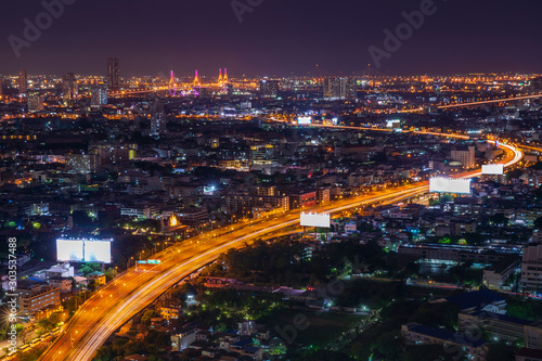 Bangkok City Scape. View of Thailand night view in the business location. Beautiful Bhumibol Bridge and river landscapes. Bangkok Thailand May 27, 2019 © Thirawatana