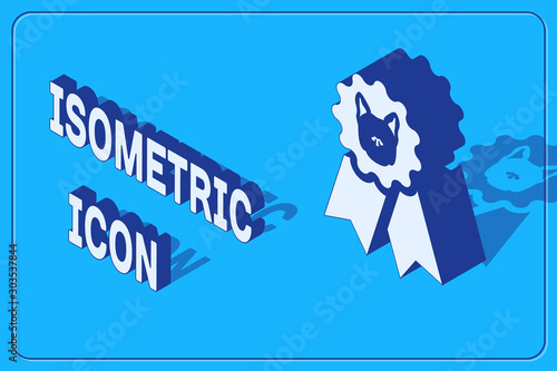 Isometric Dog award symbol icon isolated on blue background. Medal with dog footprint as pets exhibition winner concept. Vector Illustration