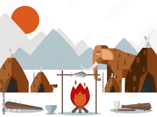 Stone age settlement, vector illustration. Prehistoric village with tents and campfire, ancient human habitat in cold mountain landscape. Stone age animals