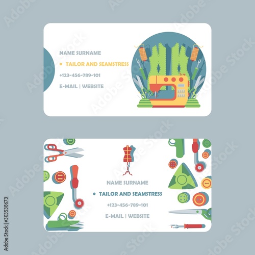 Tailor business card design, vector illustration. Atelier dressmaking service contacts, fashion designer studio, professional tailor shop. Seamstress business card template