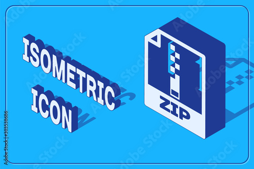 Isometric ZIP file document. Download zip button icon isolated on blue background. ZIP file symbol. Vector Illustration